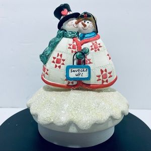 Sandi Gore Evans Jolly Follies Snowman & Woman  Snuggle Up Candle Jar Topper